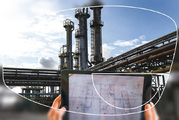 Industriële installatie met pijpleidingen en torens, bekeken door een veiligheidsbril terwijl iemand een technische tekening op een tablet vasthoudt.