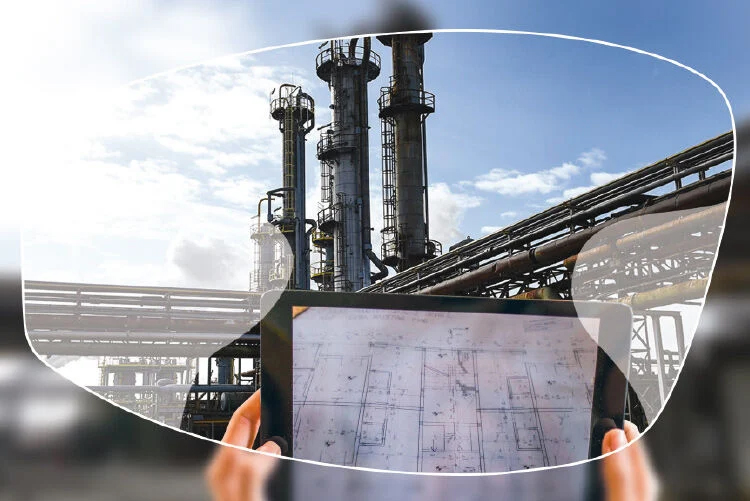 Industriële installatie met torens en pijpleidingen, bekeken door een veiligheidsbril terwijl iemand een technische tekening op een tablet vasthoudt.