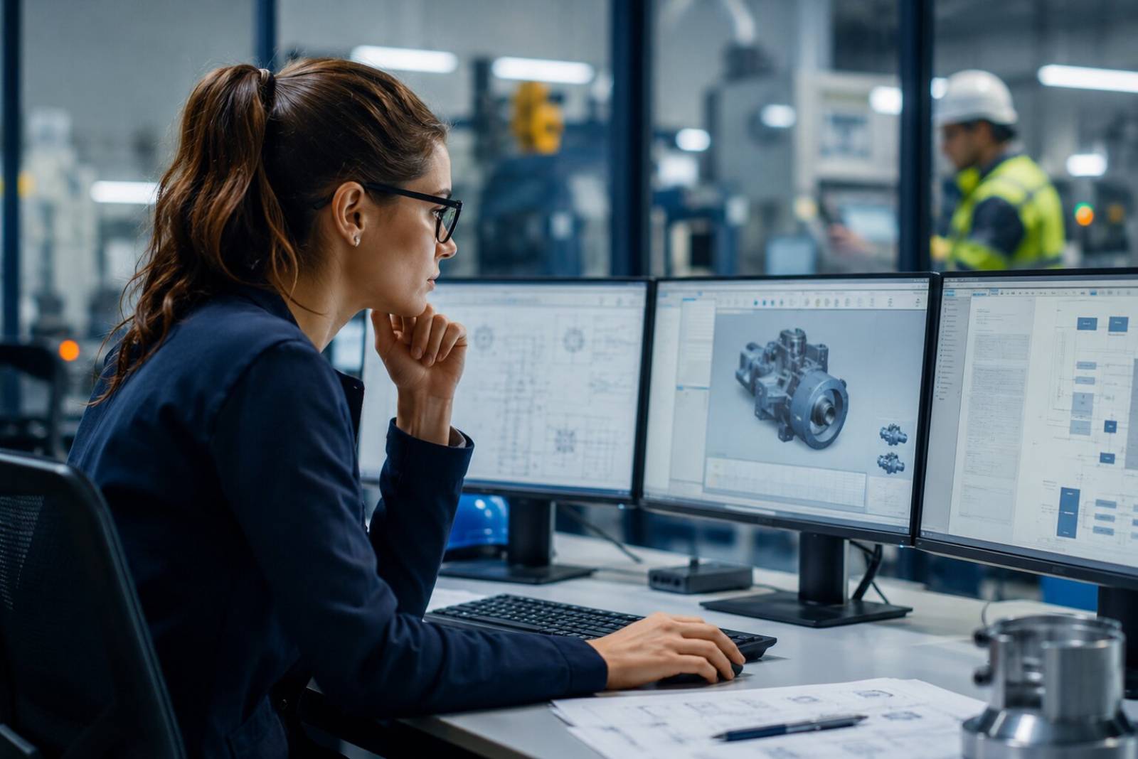 Medewerker met computerbril werkt achter meerdere beeldschermen in industriële werkomgeving