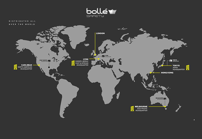 Een afbeelding van wereldkaart met Bollé Safety locaties en hoofdkantoren