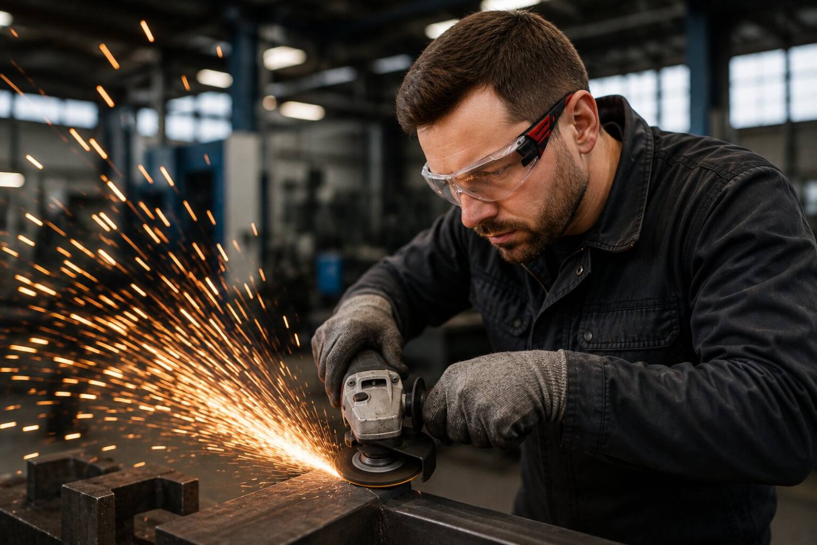 Medewerker met veiligheidsbril slijpt metaal in industriële werkomgeving