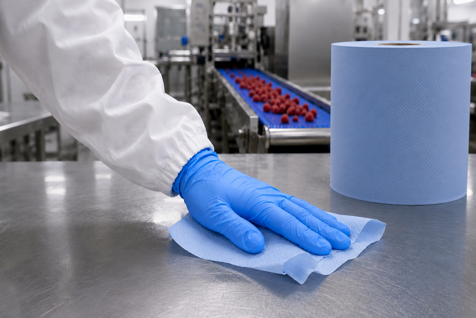 Een Persoon veegt met papier over een metalen werktafel in voedselproductieomgeving