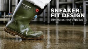 Dunlop FoodPro+ veiligheidslaars met SneakerFit-pasvorm op natte vloer in industriële werkomgeving