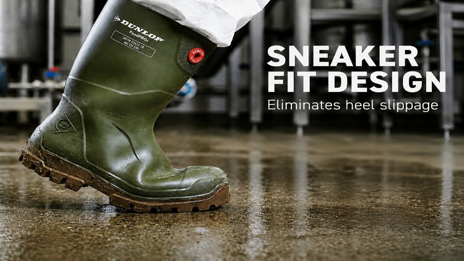Dunlop FoodPro+ veiligheidslaars met SneakerFit-pasvorm op natte vloer in industriële werkomgeving
