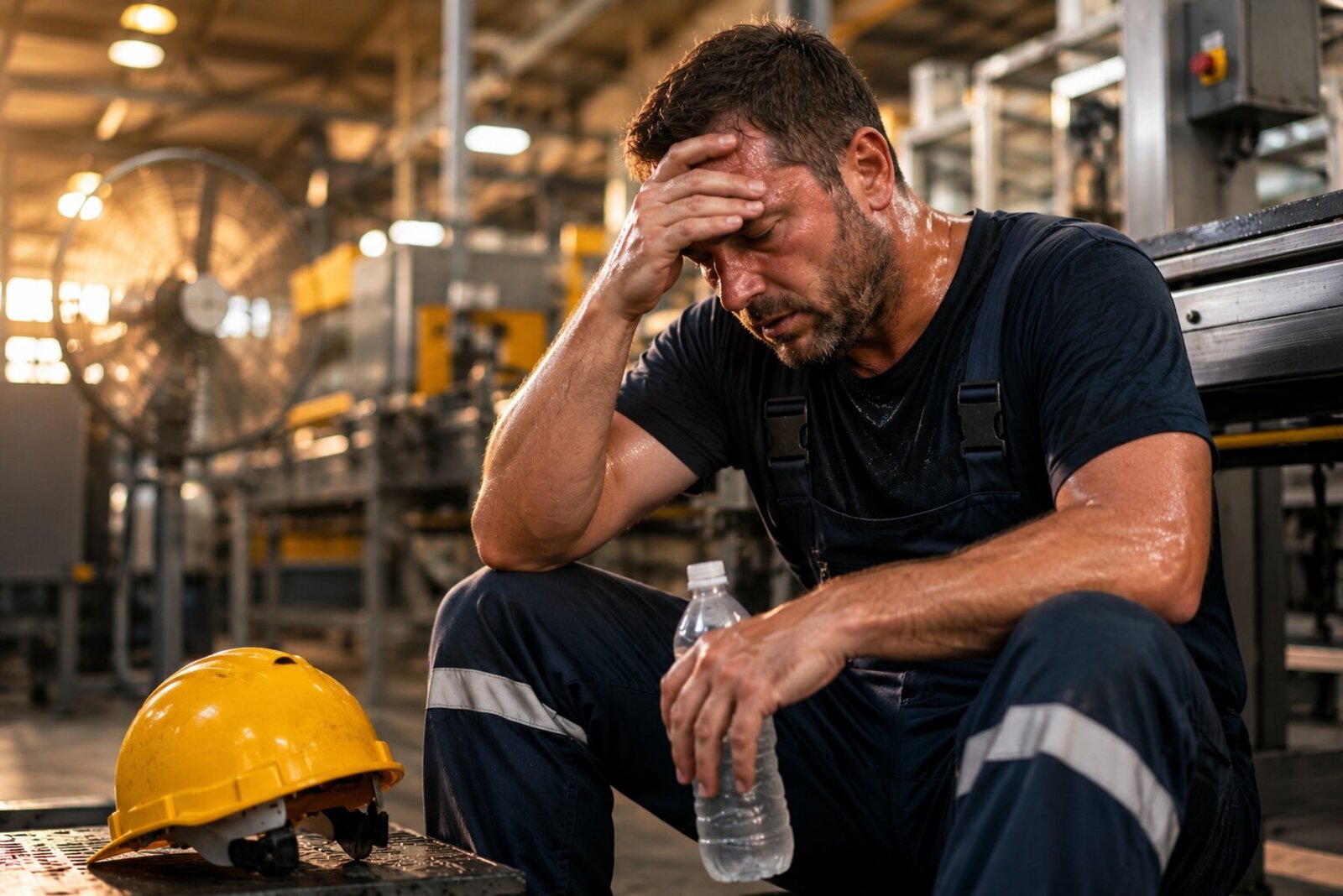 Werknemer met symptomen van hittestress in een industriële werkomgeving