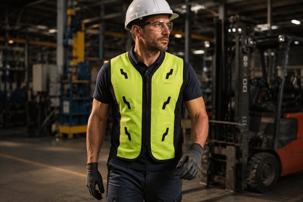 Medewerker met koelvest in een warme industriële werkomgeving