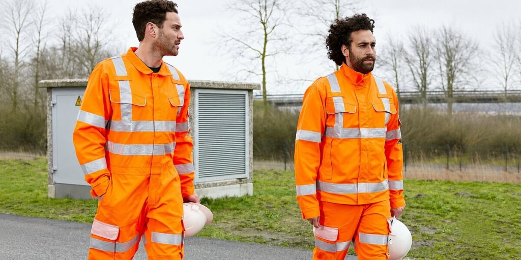 Twee werknemers dragen BallyClare high-visibility werkkleding in een buitenomgeving.