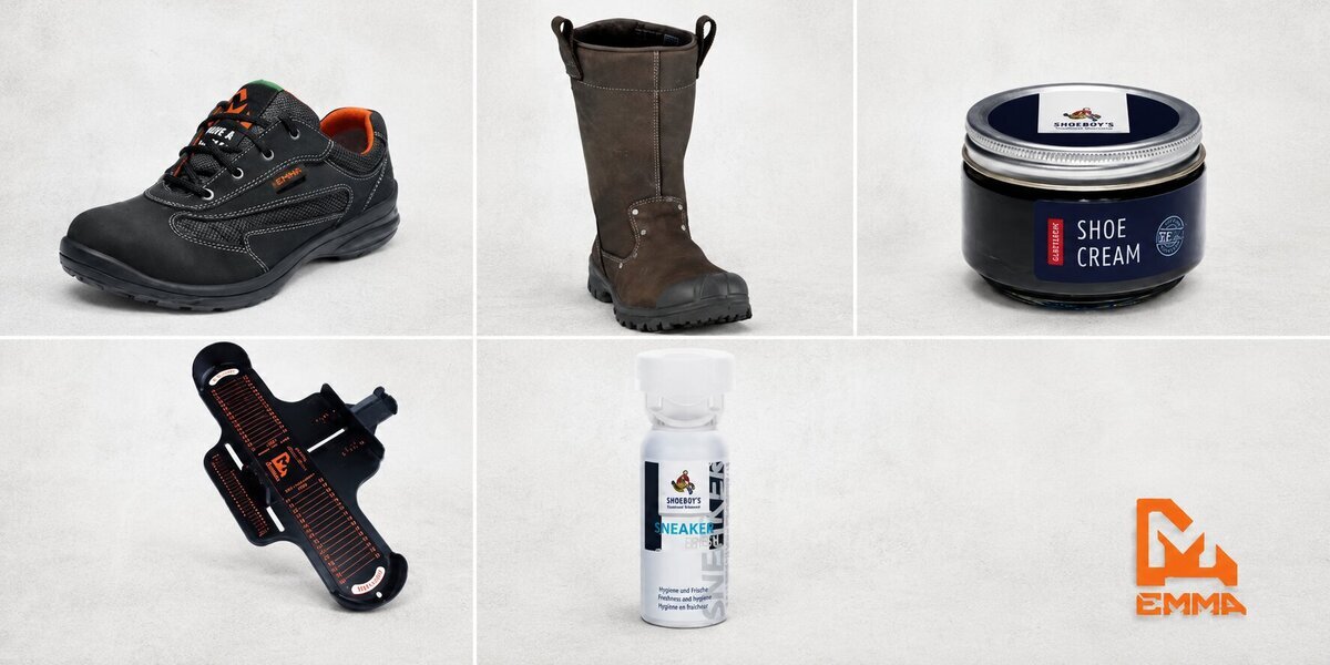 Emma accessoires en speciale modellen met damesveiligheidsschoen, veiligheidslaars, schoencrème, schoenverfrisser en Brannock voetmeetapparaat.