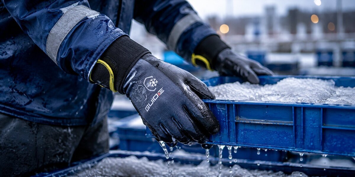 Medewerker gebruikt Guide koude- en waterdichte werkhandschoenen tijdens werkzaamheden met ijs en natte kratten.