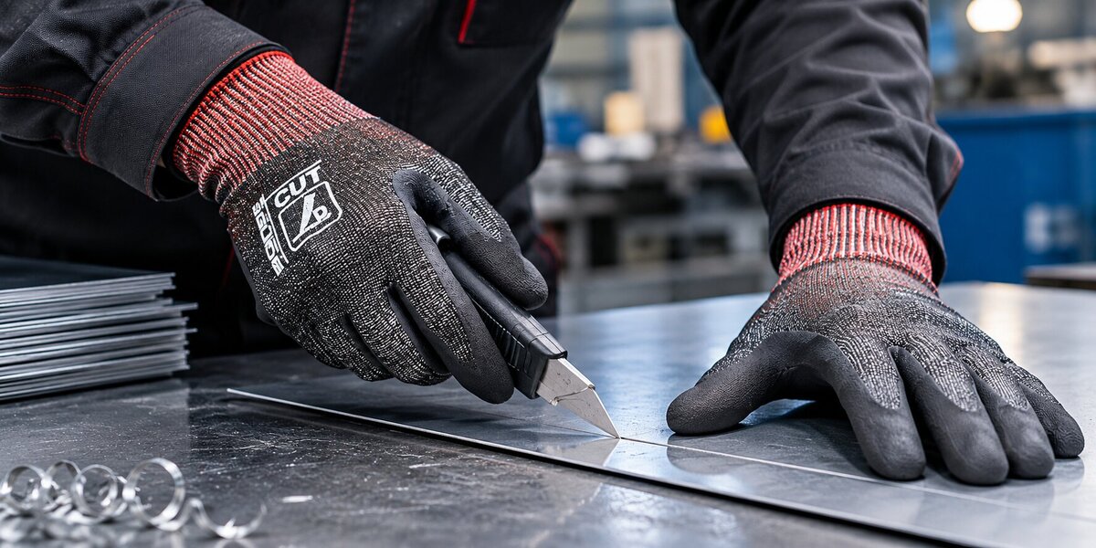 Medewerker draagt snijbestendige Guide Gloves werkhandschoenen tijdens het snijden van een metalen plaat.