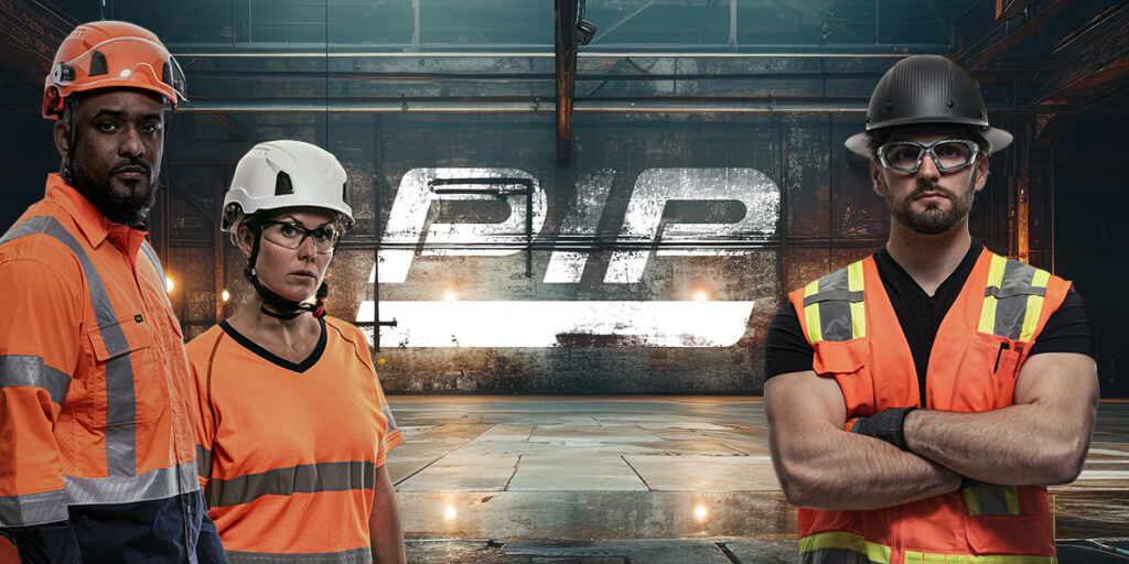 Drie medewerkers met persoonlijke beschermingsmiddelen staan in een industriële omgeving voor een PIP-logo.