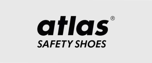 Atlas Safety Shoes-logo in zwarte letters op een lichtgrijze achtergrond.