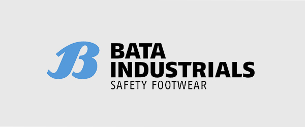 Bata Industrials Safety Footwear-logo met blauw beeldmerk en zwarte tekst op een lichtgrijze achtergrond.