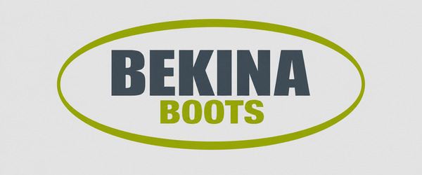 Bekina Boots-logo in donkergrijze en groene letters met groen ovaal beeldmerk op een witte achtergrond.