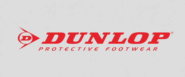 Dunlop Protective Footwear-logo in witte letters op een rode achtergrond.