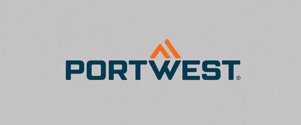 Portwest-logo in donkerblauwe letters met oranje beeldmerk op een lichtgrijze achtergrond.