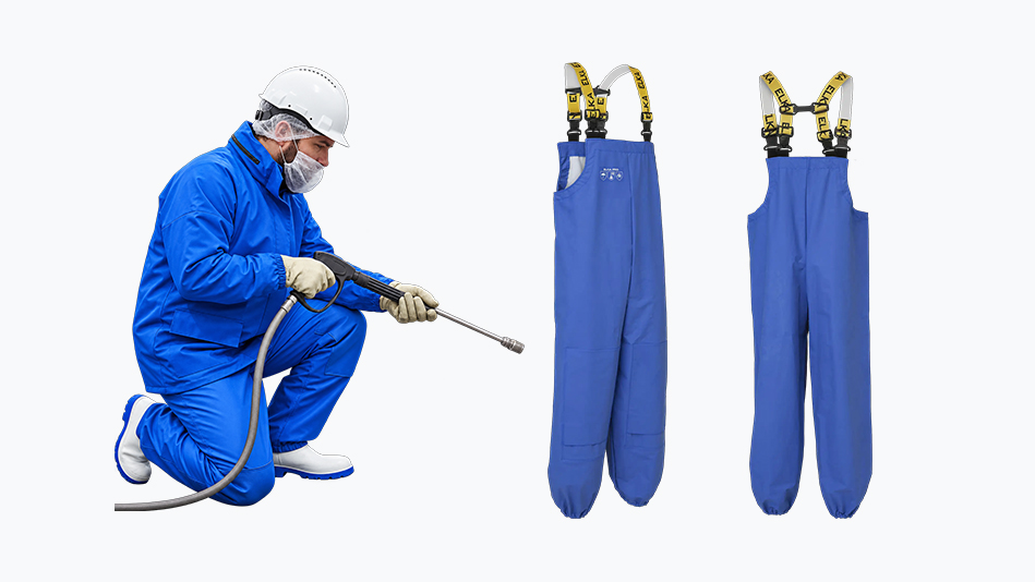 Medewerker in blauwe ELKA Pro-beschermkleding met daarnaast de voor- en achterzijde van een blauwe spuitbroek met bretels.