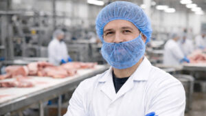 Food processing employee wearing a blue hairnet and beard cover in a hygienic production environment.