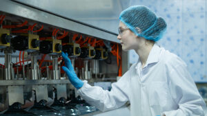 Worker in the food industry wearing PPE while operating a production machine