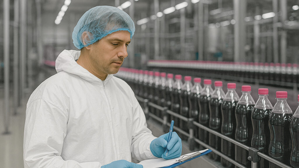 Employee in hygienic protective clothing checks a production line in the food processing industry.