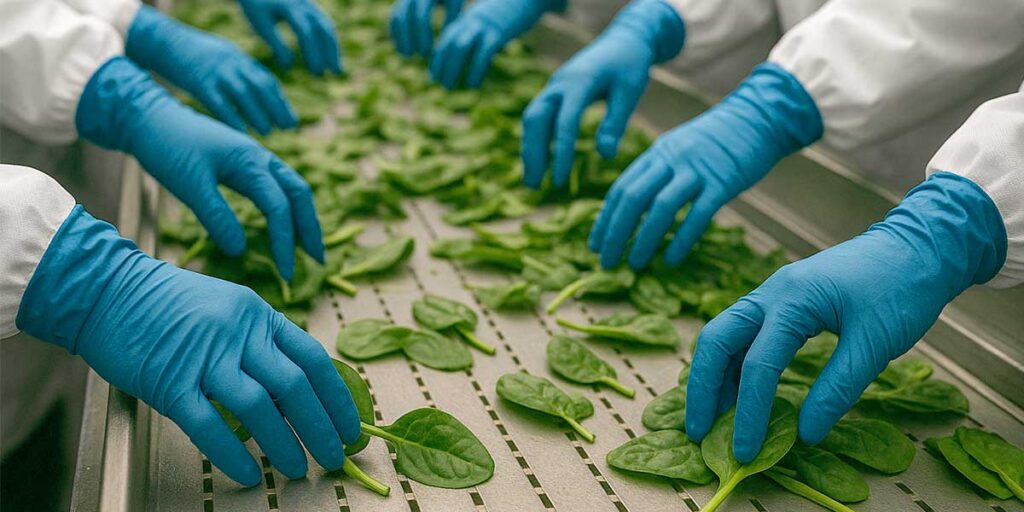 Employees sort leafy greens on a conveyor belt while wearing blue disposable gloves.