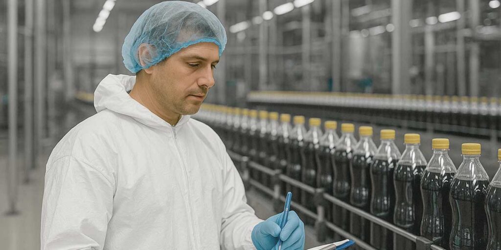 Employee wearing a hairnet and protective clothing checks bottles in a production environment.