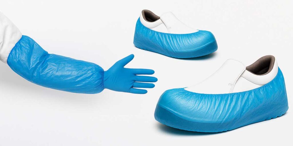Blue disposable shoe covers over work shoes and a blue disposable glove.