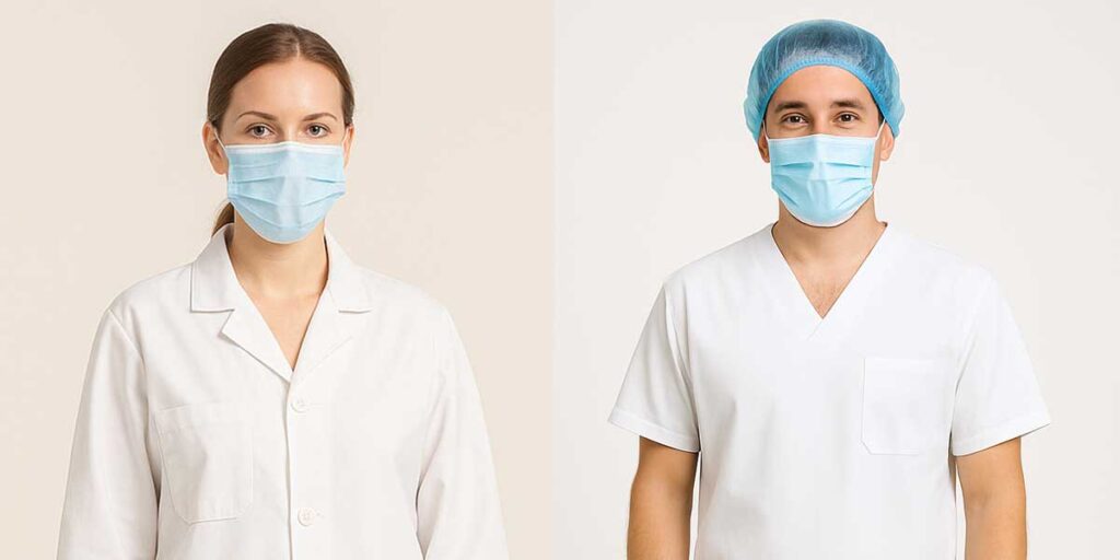 Two employees wear a disposable face mask and protective workwear.