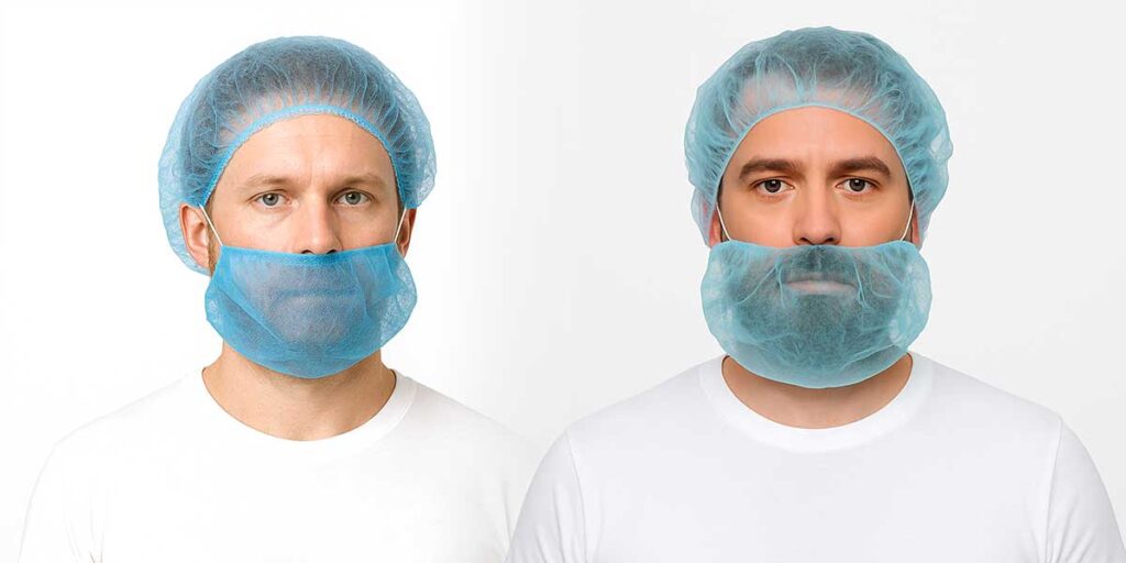 Two employees wear a hairnet and a beard cover for hygienic protection.