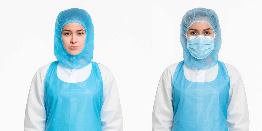 Two employees wear a blue hood, a disposable apron and hygienic protective clothing.