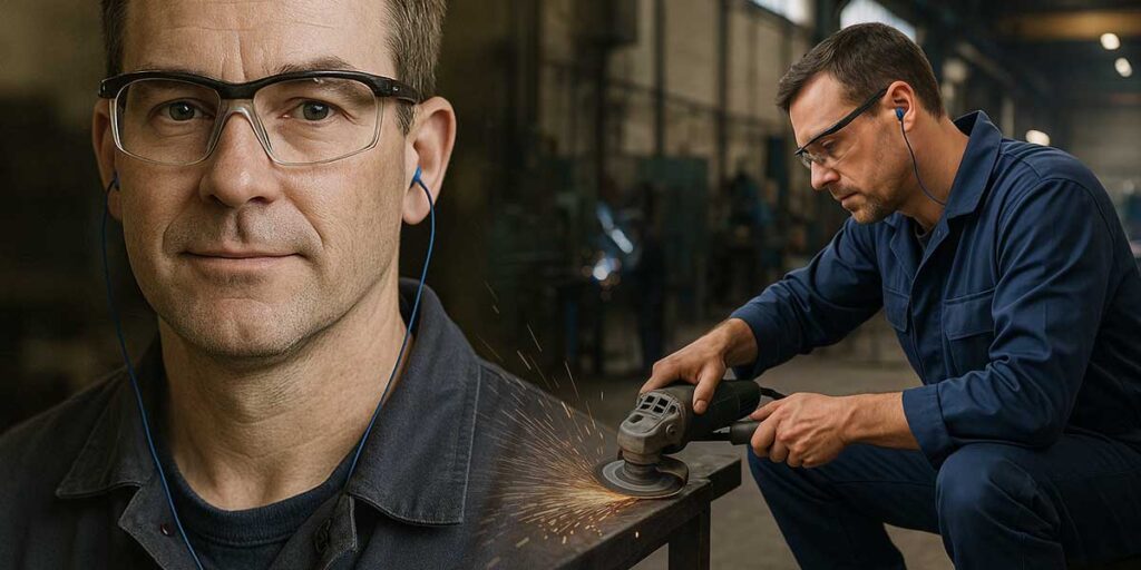 Employee wears earplugs and safety glasses while grinding in a workshop.