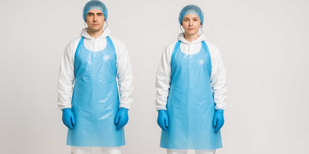 Two employees wear protective clothing with blue disposable aprons, hairnets and gloves.