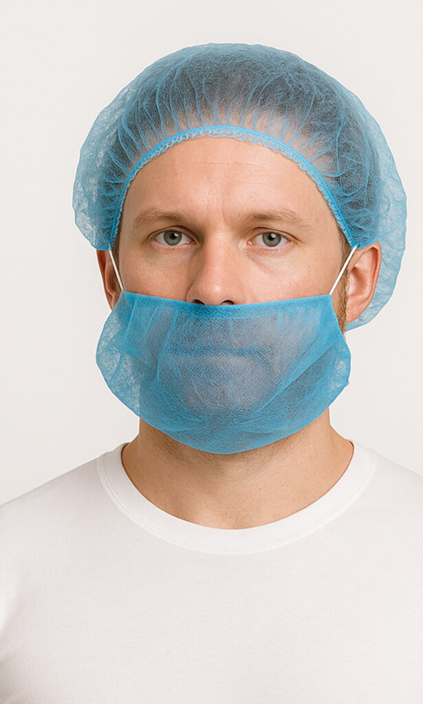 A man wearing white food-industry clothing combined with a blue disposable beard cover and hairnet.