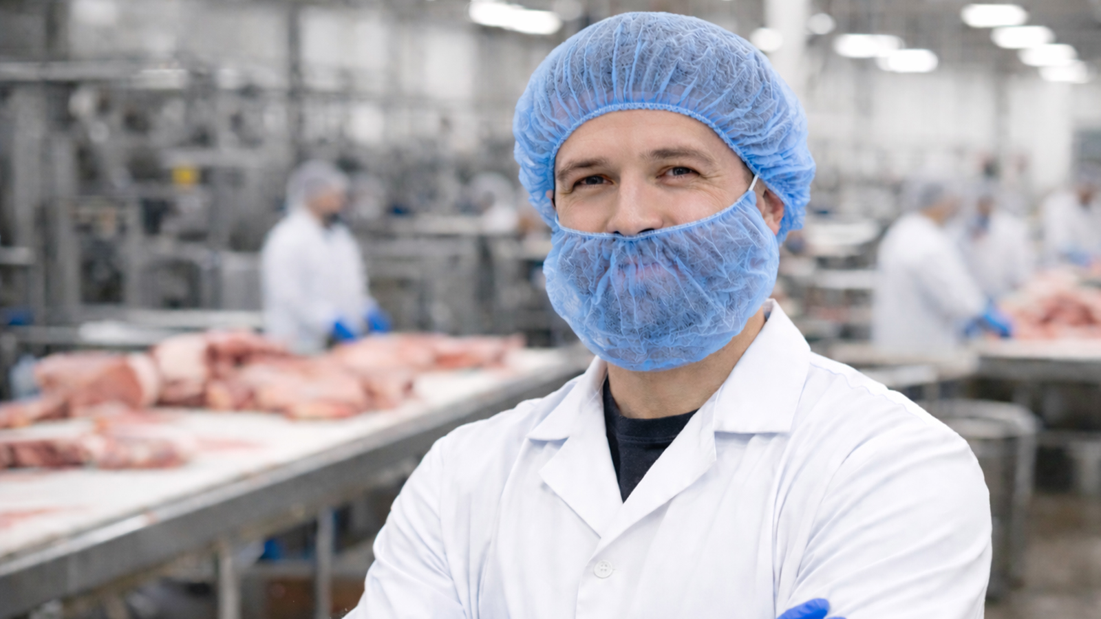 Food processing employee wearing a blue hairnet and beard cover in a hygienic production environment.