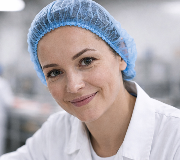Close-up of a food industry employee wearing a disposable hairnet in a hygienic production environment.