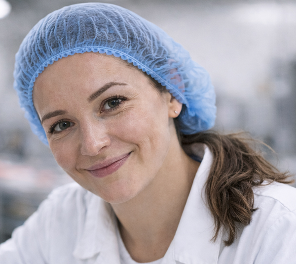 Close-up of a woman wearing a disposable hairnet in a hygienic food production environment.