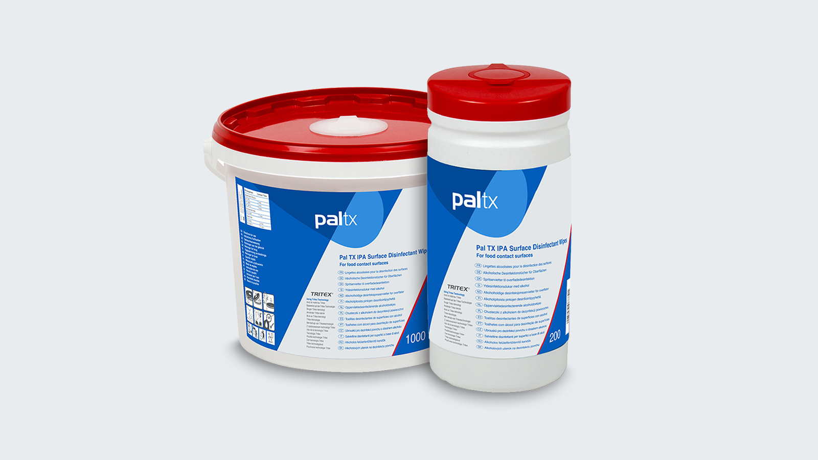 A PALtx tube and bucket with IPA disinfection wipes are shown on a grey background.