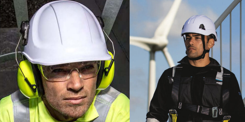Image collage showing two people wearing Portwest head protection: a safety helmet and a bump cap.
