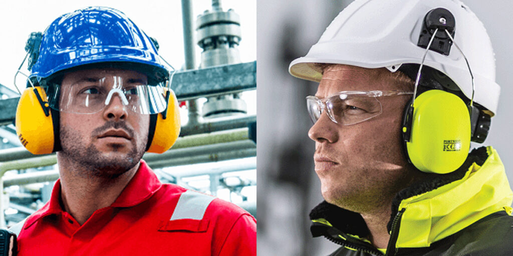 Image collage showing two people wearing earmuffs combined with a safety helmet.