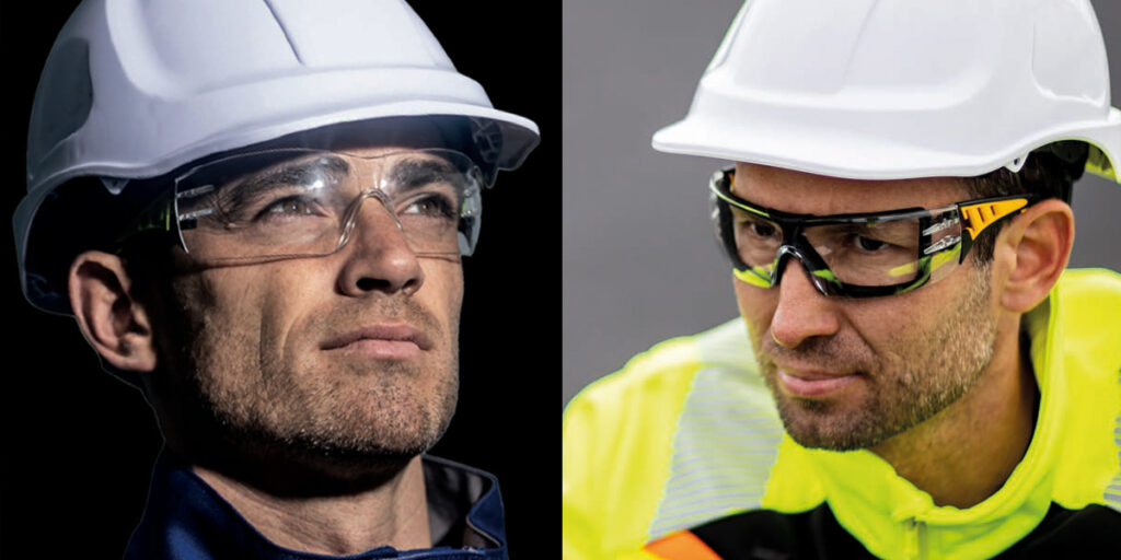 Image collage showing two people wearing Portwest safety glasses.