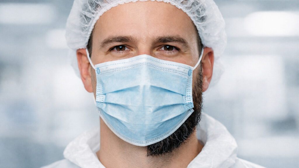 A man wearing a disposable surgical face mask with a beard in a hygienic work environment.