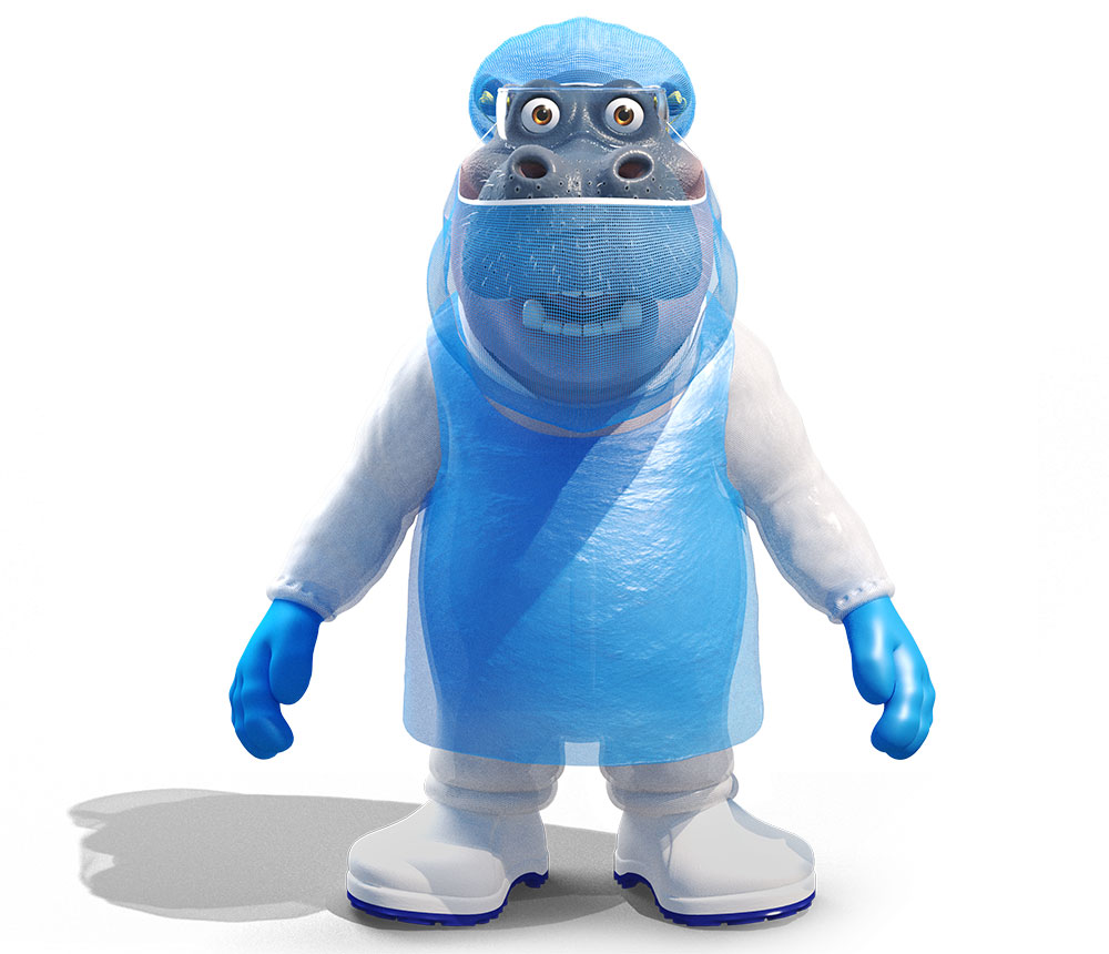 This photo shows Niles, the mascot of Safety Products B.V., wearing disposable clothing for food environments.