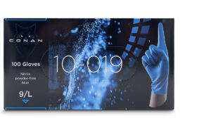 Conan 10-019 product packaging (dispenser box) with 100 nitrile gloves.