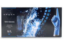 Conan 10-020 product packaging (dispenser box) with 100 nitrile gloves.