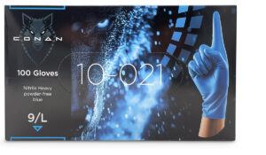 Conan 10-021 product packaging (dispenser box) with 100 nitrile gloves.