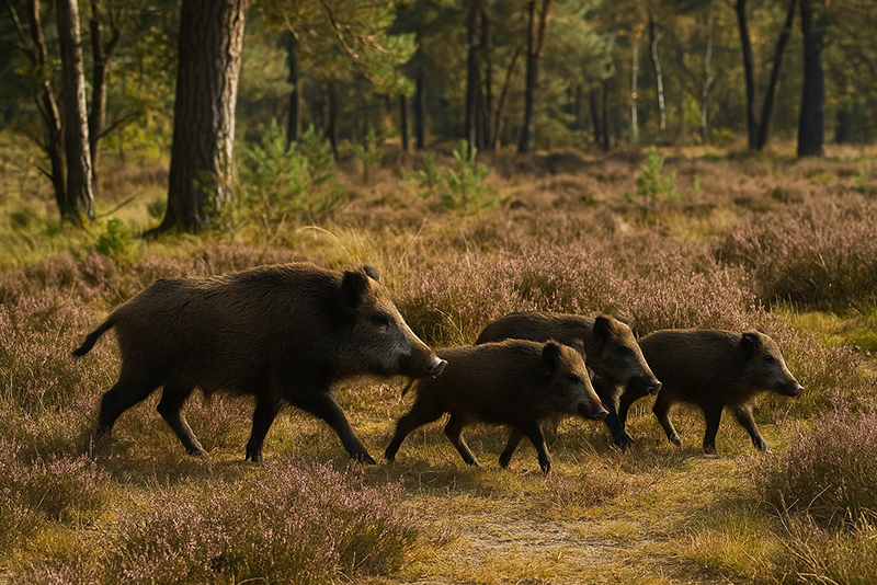 Herd of wild boar walking through a woodland heathland area.