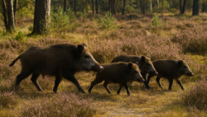 Herd of wild boar walking through a woodland heathland area.
