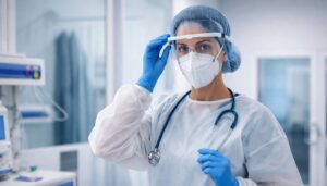 Healthcare worker in isolation clothing with FFP3 mask, gloves and face shield