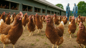 Poultry farm with chickens and workers wearing protective clothing (PPE) in the background