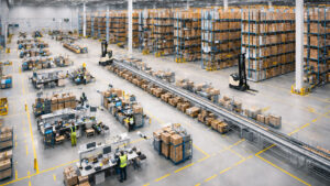 Large warehouse with pallet racks, conveyor system and employees working at packing stations